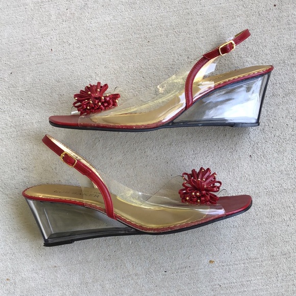 BOB BAKER Clear & Red Bow Front Peep Toe Sling Back Wedge Sandals - Picture 10 of 14